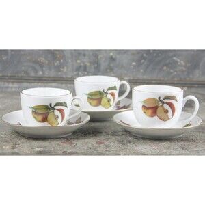 Set of 3 Royal Worcester Evesham Fine Porcelain Teacups and Saucers, dated 1961
